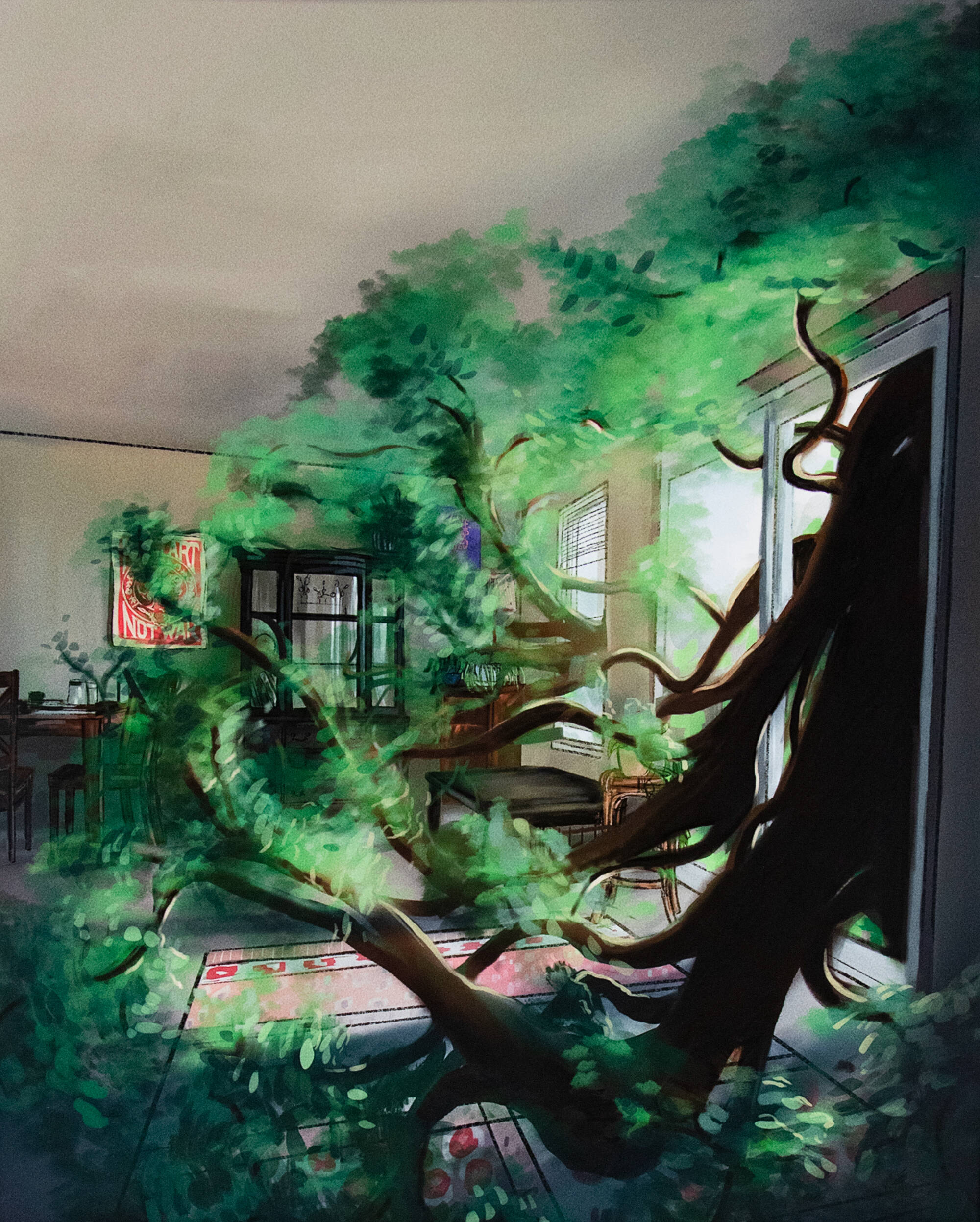 Digital illustration of a tree coming through a glass door into a house.